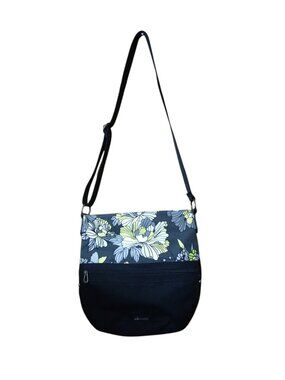 SAKROOTS  Artist Circle Bucket Crossbody Purse Black White Yellow Floral Boho